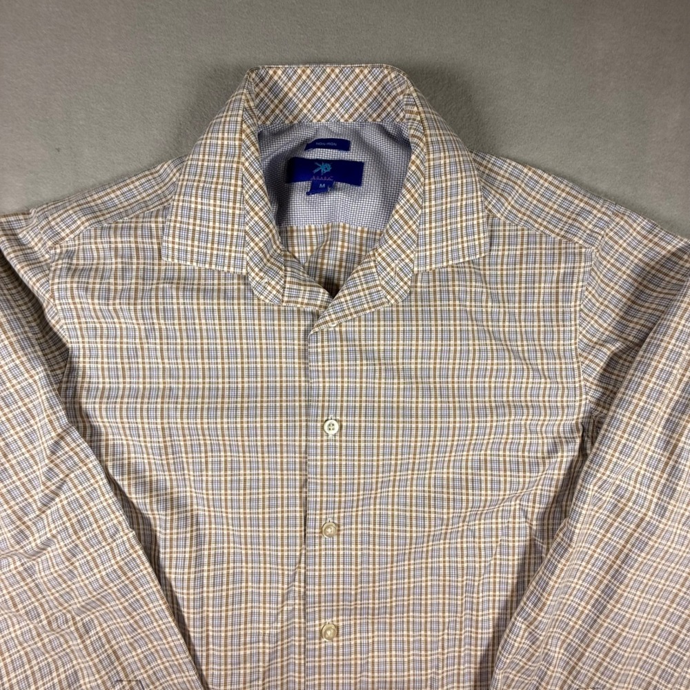 Egara Mens Medium Non-Iron Cotton Button Down Shirt Tan Blue Plaid Long Sleeve